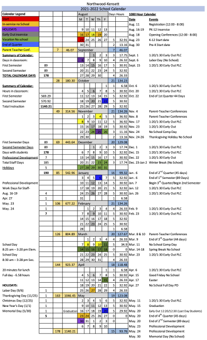 Northwood-Kensett - 2021-2022 School Calendar